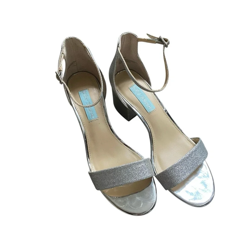 Betsey Johnson Miri Pumps 7.5 Silver Glitter Block Heel Ankle Straps Party Prom